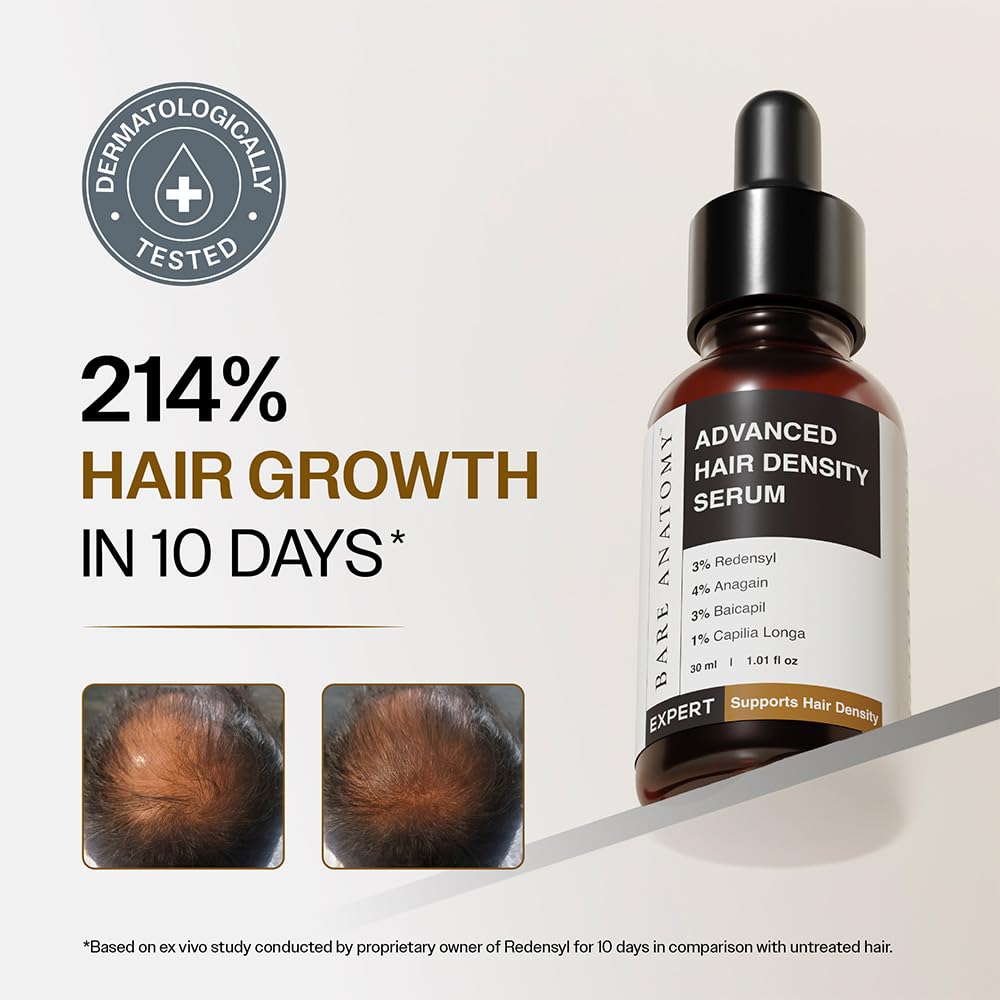 Original Bare Anatomy Advanced Hair Density Serum 30 ml brand artwork with scalp comparison and Redensyl ex vivo study footnote. Not a 45-day customer result.