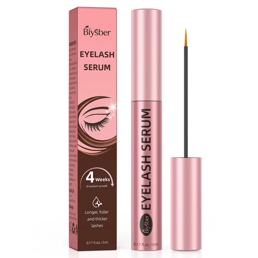 Biysber Eyelash Serum Pink original packaging and brush, bottle labeled 5ml