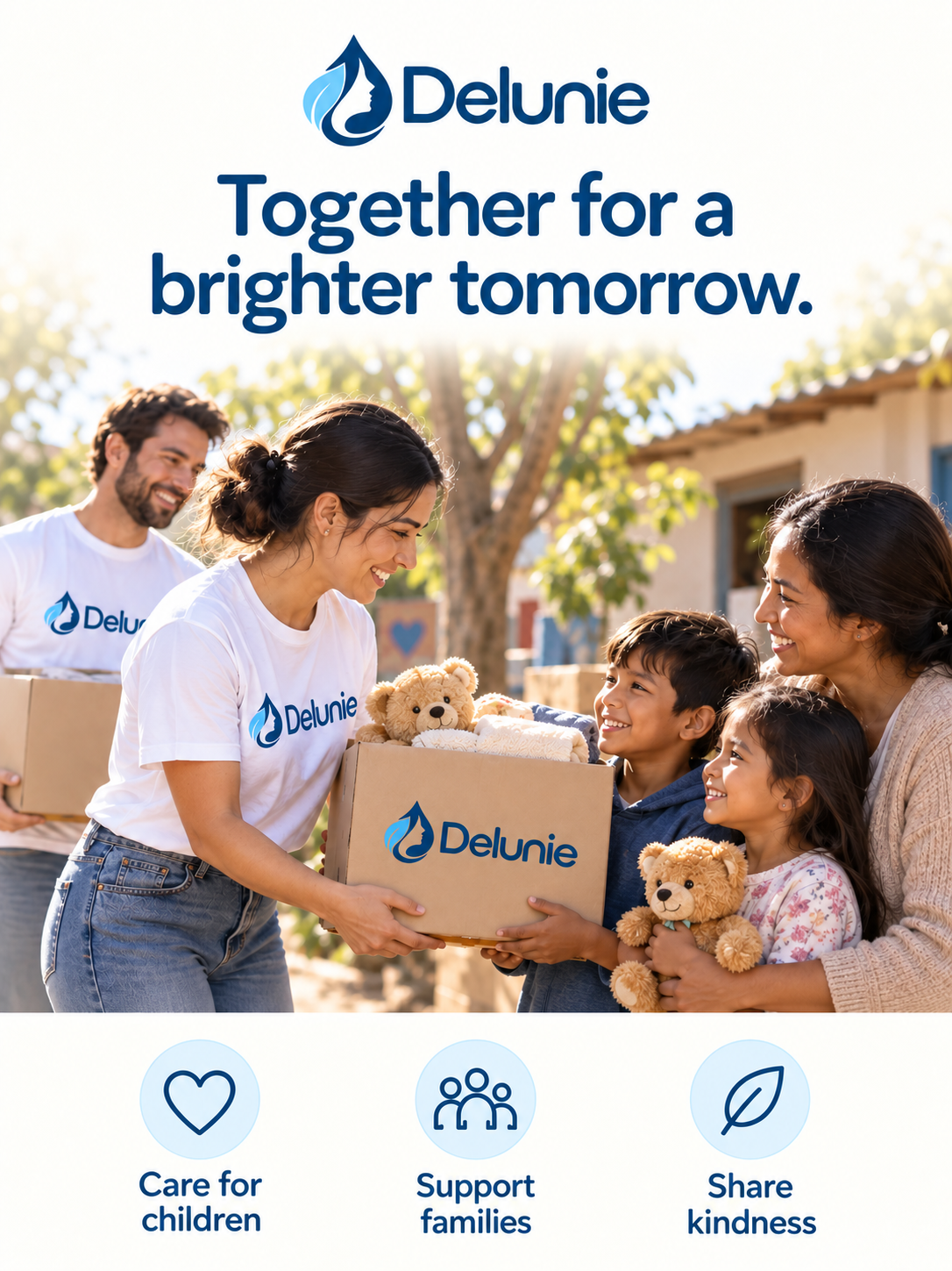 Delunie: Together for a brighter tomorrow. Care for children, support families, share kindness. Mobile campaign illustration.
