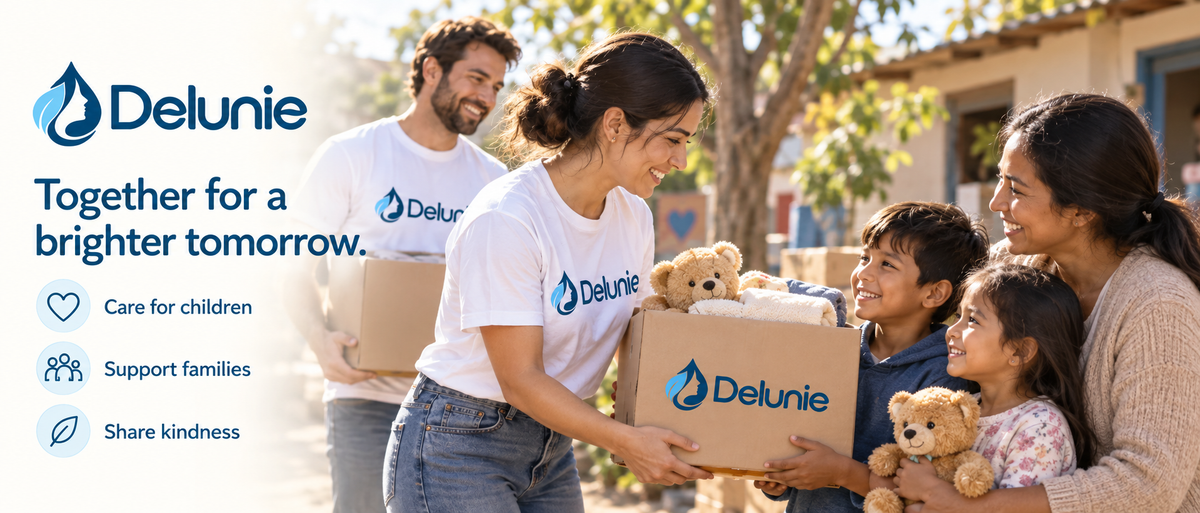 Delunie: Together for a brighter tomorrow. Care for children, support families, share kindness. Illustrative campaign scene.