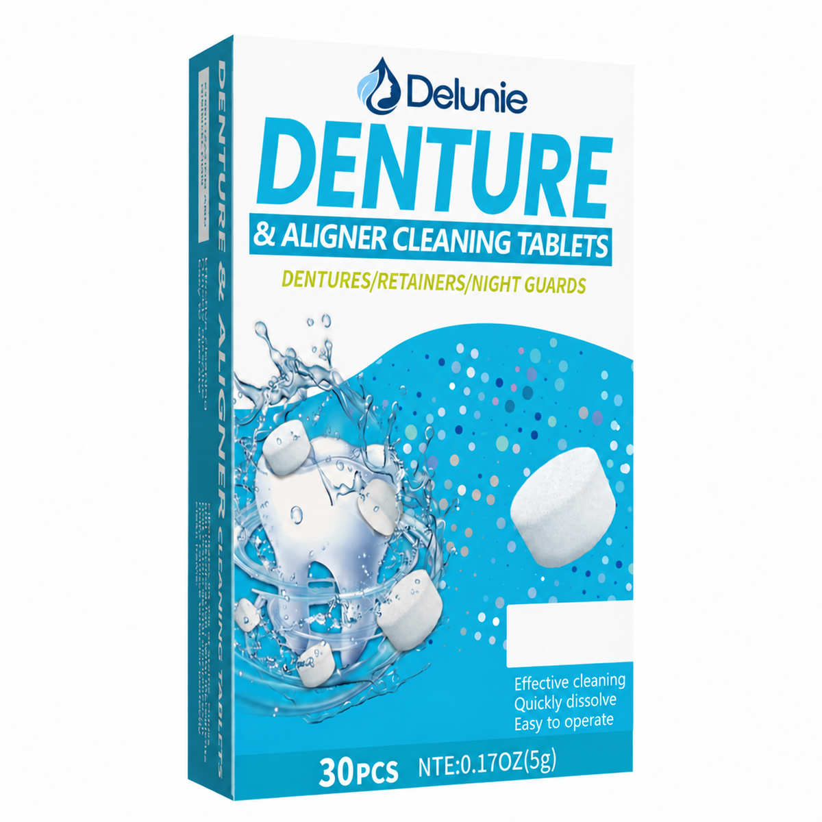 Delunie denture and aligner cleaning tablets, 30-count box