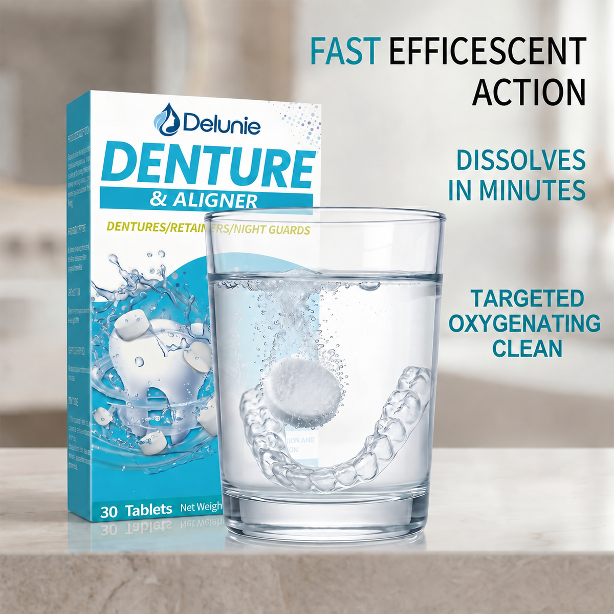 Delunie denture and aligner cleaning tablet dissolving in water beside a clear aligner