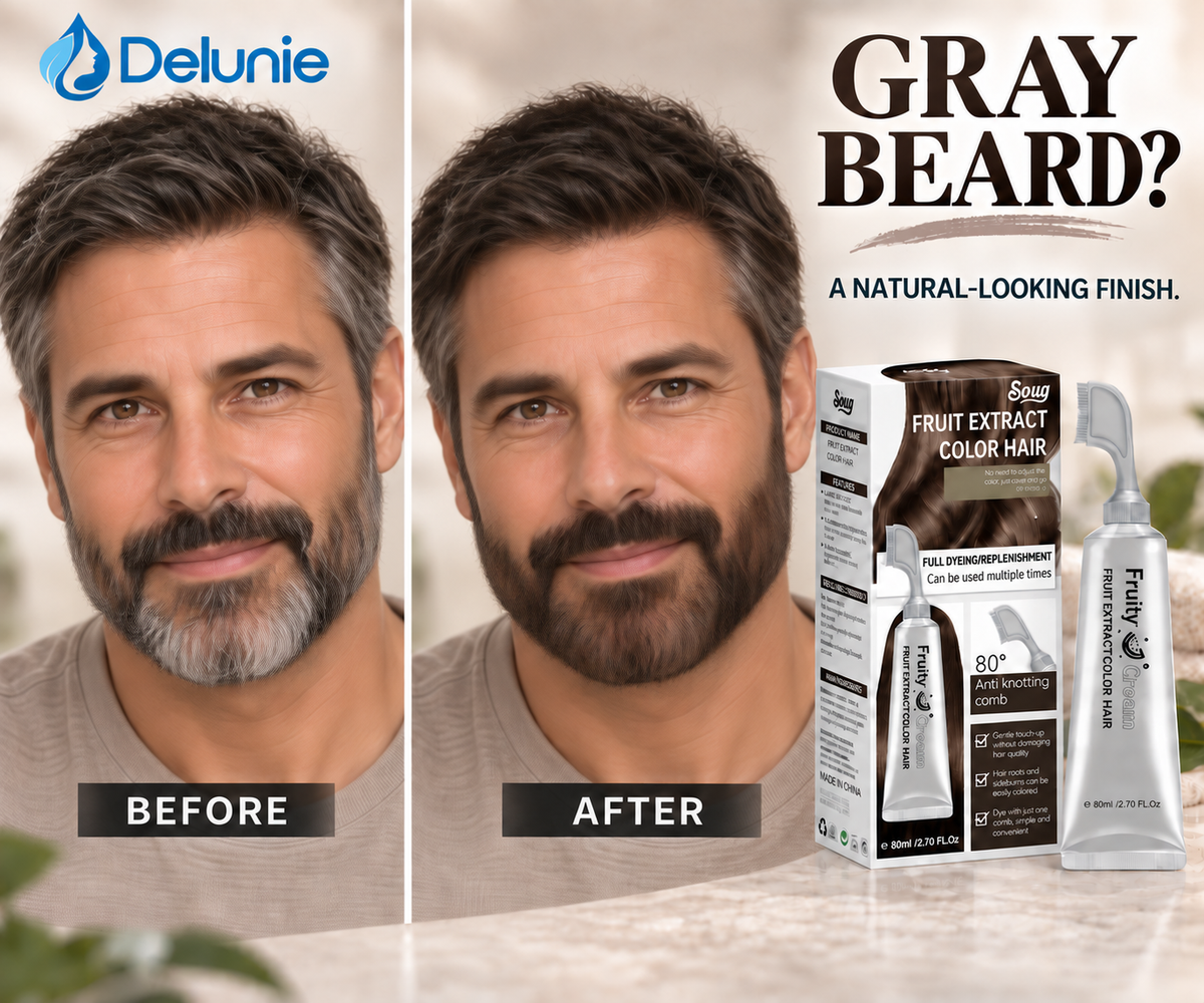 Delunie beard color before-and-after promotional illustration.