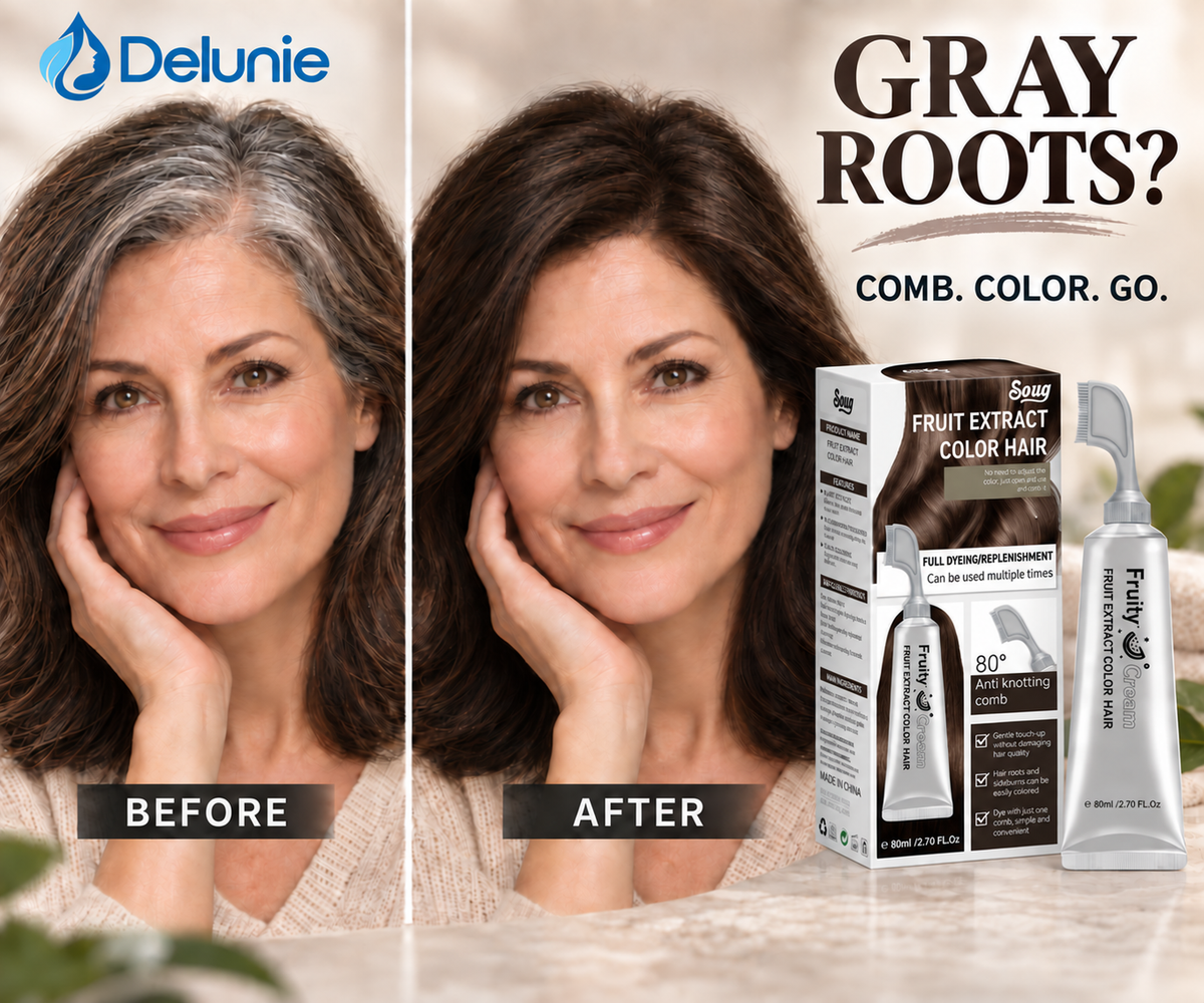 Delunie hair color promotional illustration with matching label artwork on the printed and freestanding comb tubes.