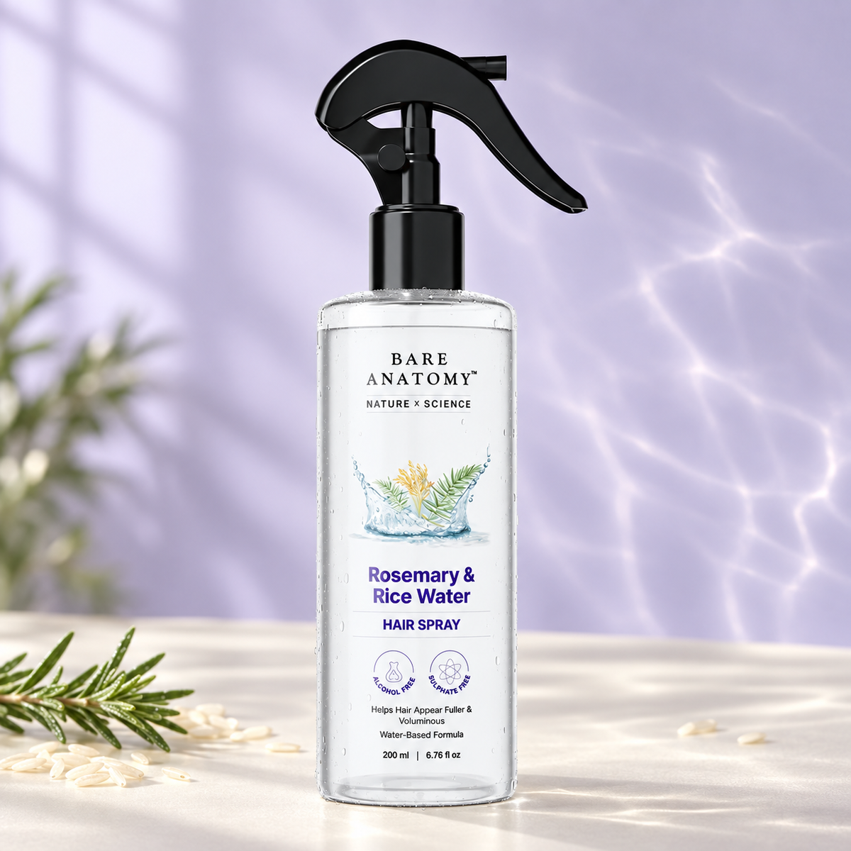 Bare Anatomy Rosemary and Rice Water Hair Spray in a lavender studio setting