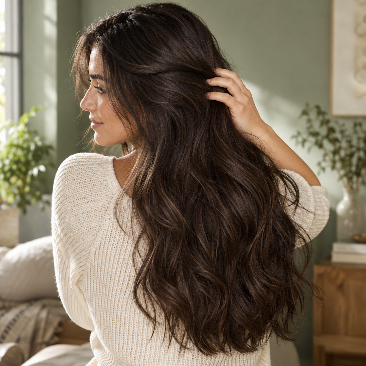 Naturally full-looking brunette hair with soft waves