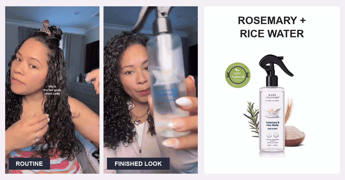 Rosemary and rice water spray - application routine and finished styling