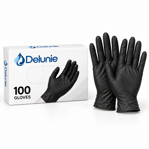 Delunie box containing 100 black disposable cleaning gloves
