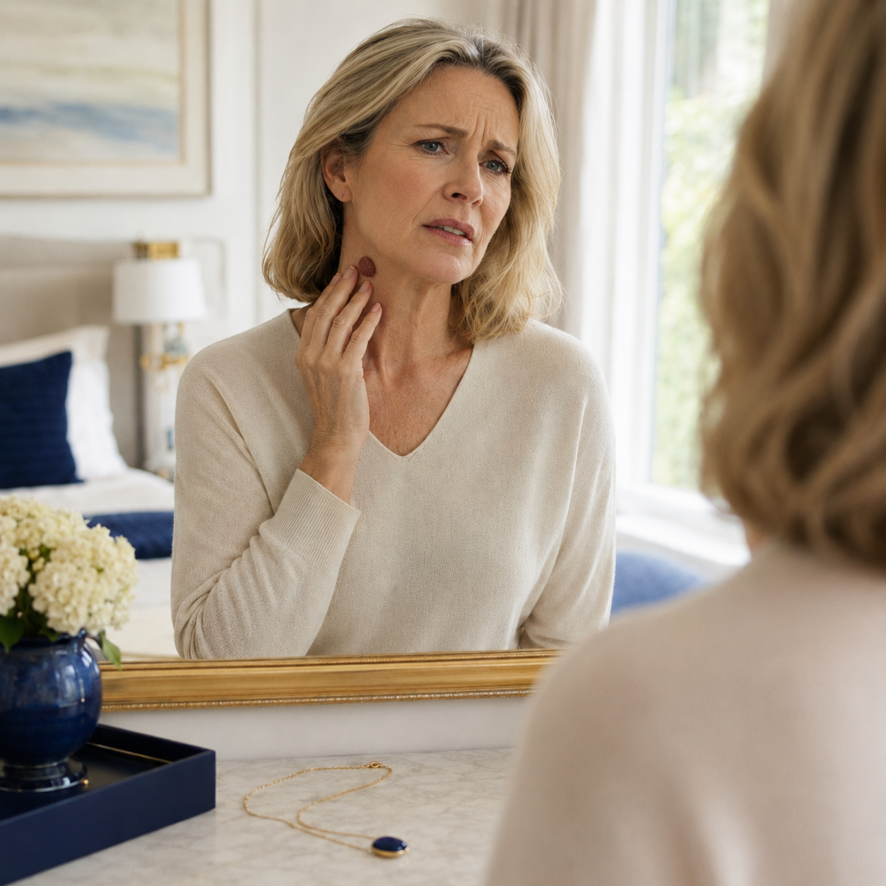 Woman looking in the mirror while checking a raised spot on her neck